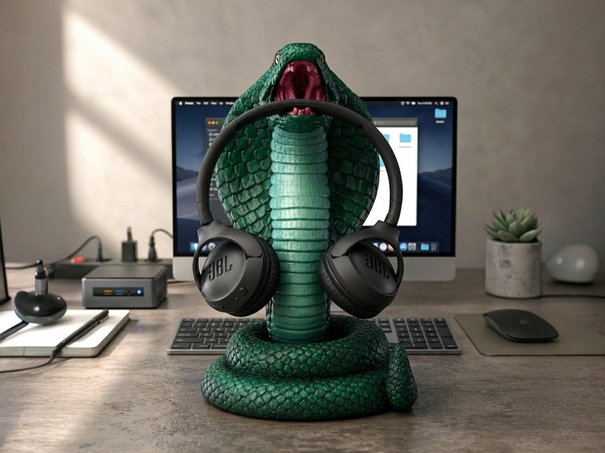 Happy3dWorld metallic green 3D printed cobra snake headphone hanger holding black over-ear headphones on a desk