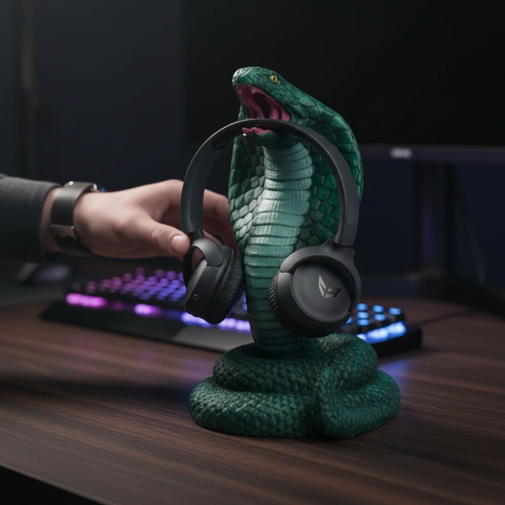 Happy3dWorld metallic green 3D printed cobra headphone hanger holding black over-ear headset on a wooden desk