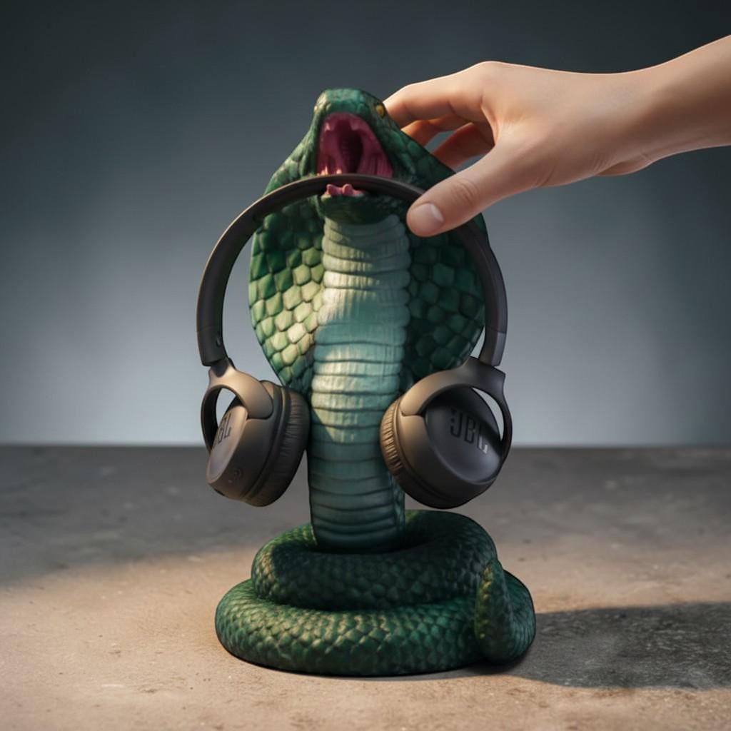 Happy3dWorld metallic green 3D printed cobra headphone hanger with detailed scales holding black over-ear headphones