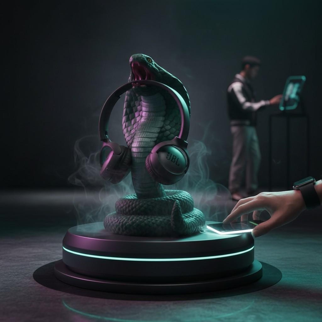 Happy3dWorld metallic green 3D printed king cobra headphone hanger on a glowing base with a dark gaming aesthetic