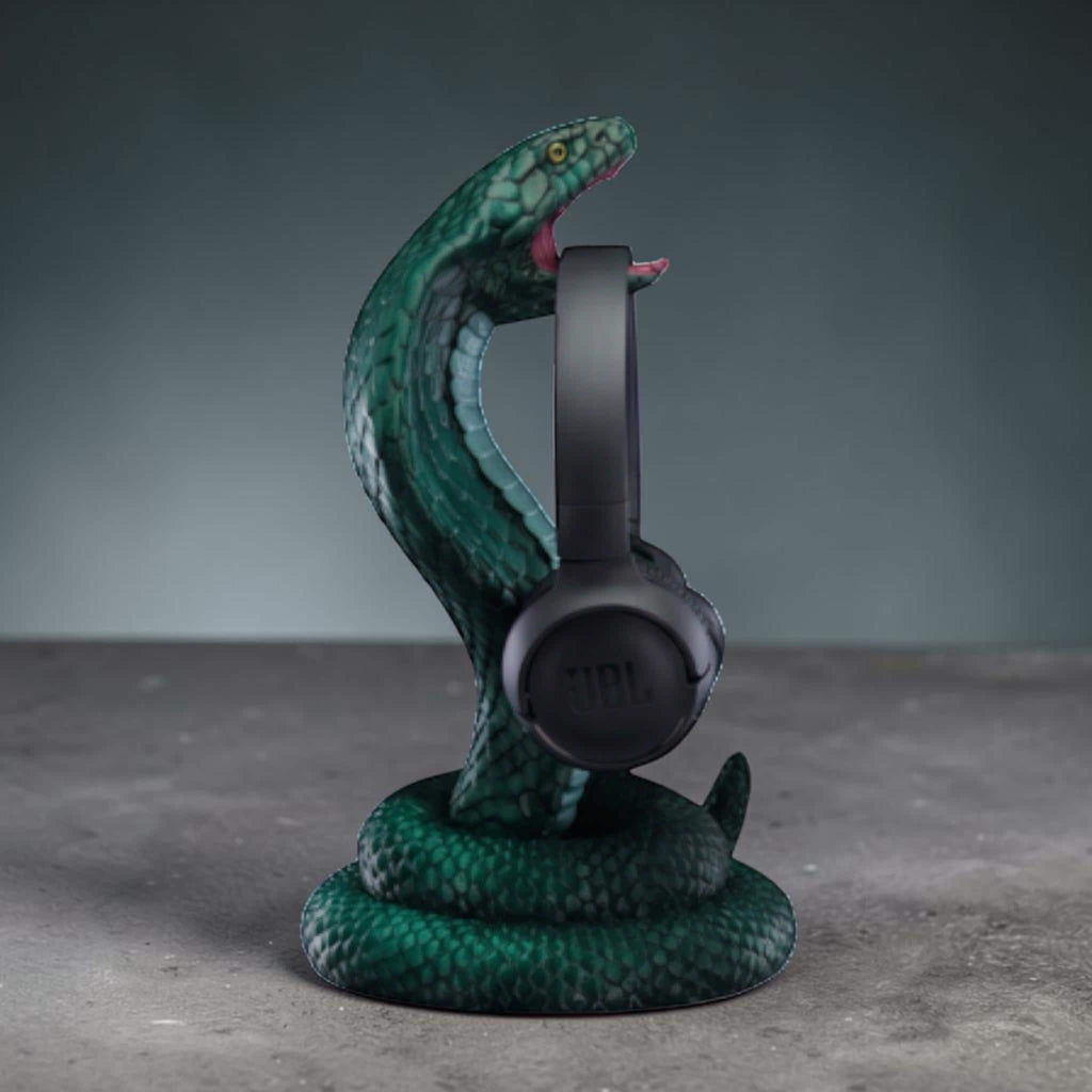 Happy3dWorld metallic green 3D printed cobra headphone hanger with detailed snake scales and open mouth design