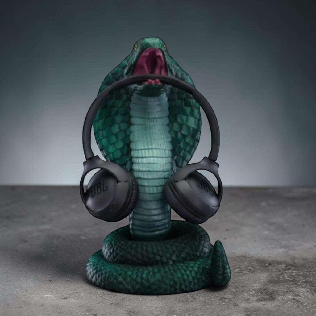 Happy3dWorld metallic green 3D printed cobra snake headphone stand with detailed scales and open mouth design