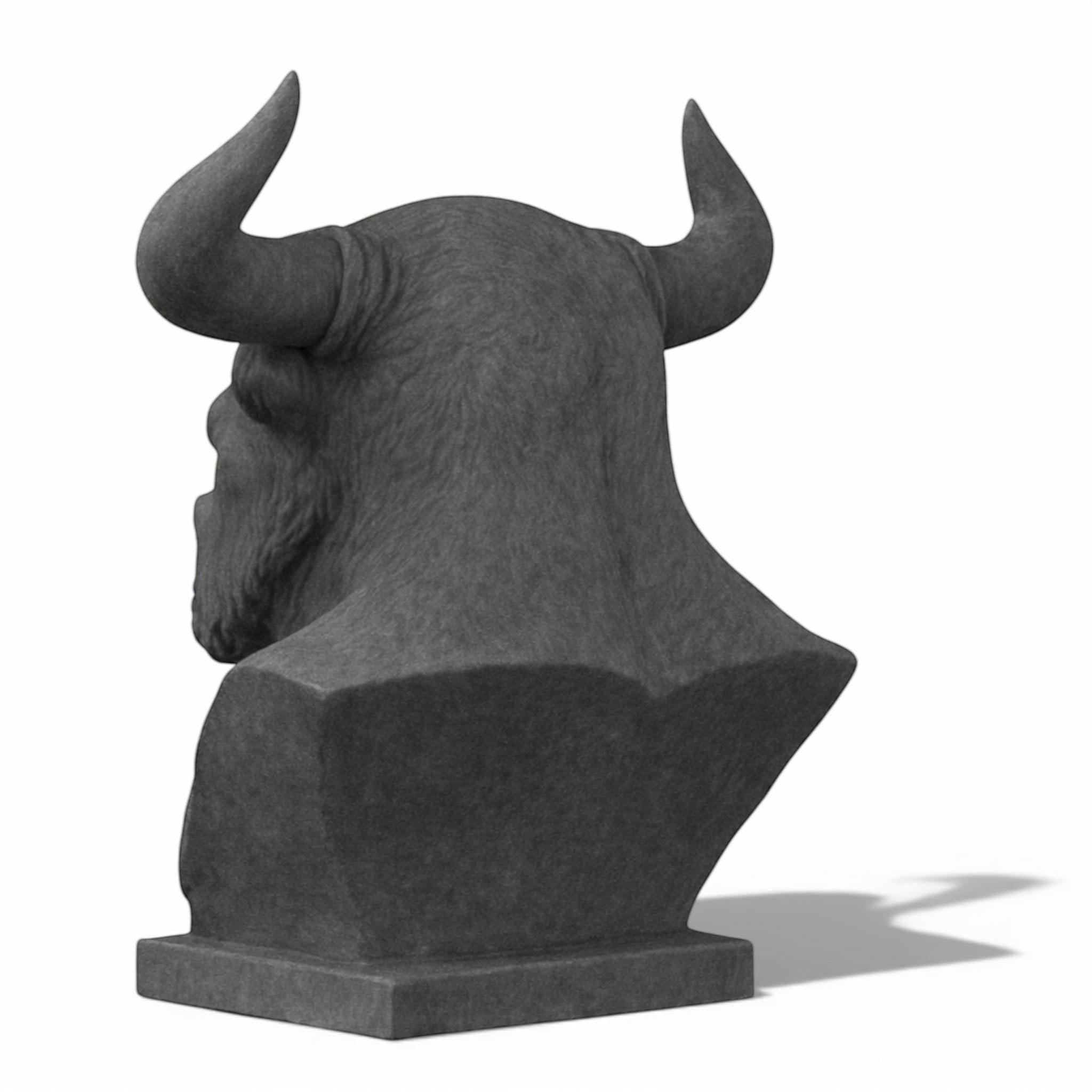Happy3dWorld grey 3D-printed Minotaur bust headphone stand showing the back view of the horned warrior sculpture.