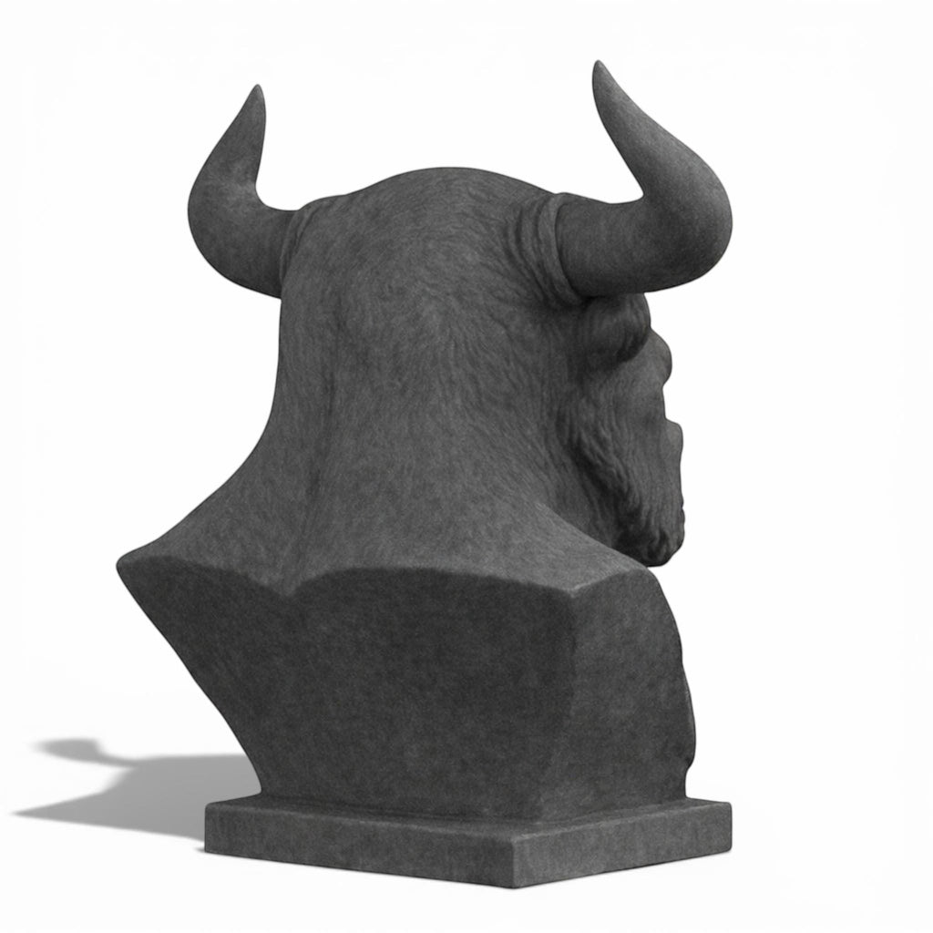Happy3dWorld grey 3D-printed Minotaur bust headphone stand featuring detailed horns for gaming desk organization.