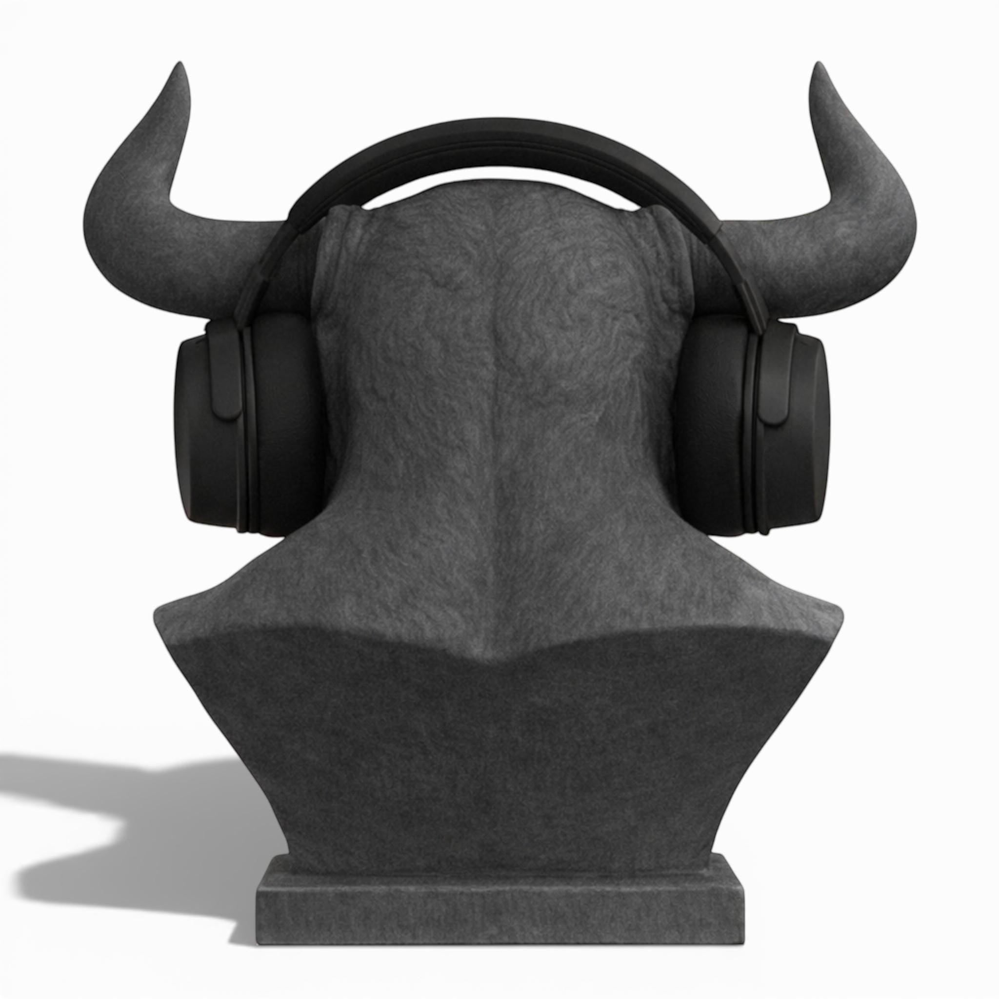 Happy3dWorld grey Minotaur bust headphone stand holding black over-ear gaming headset on a white background