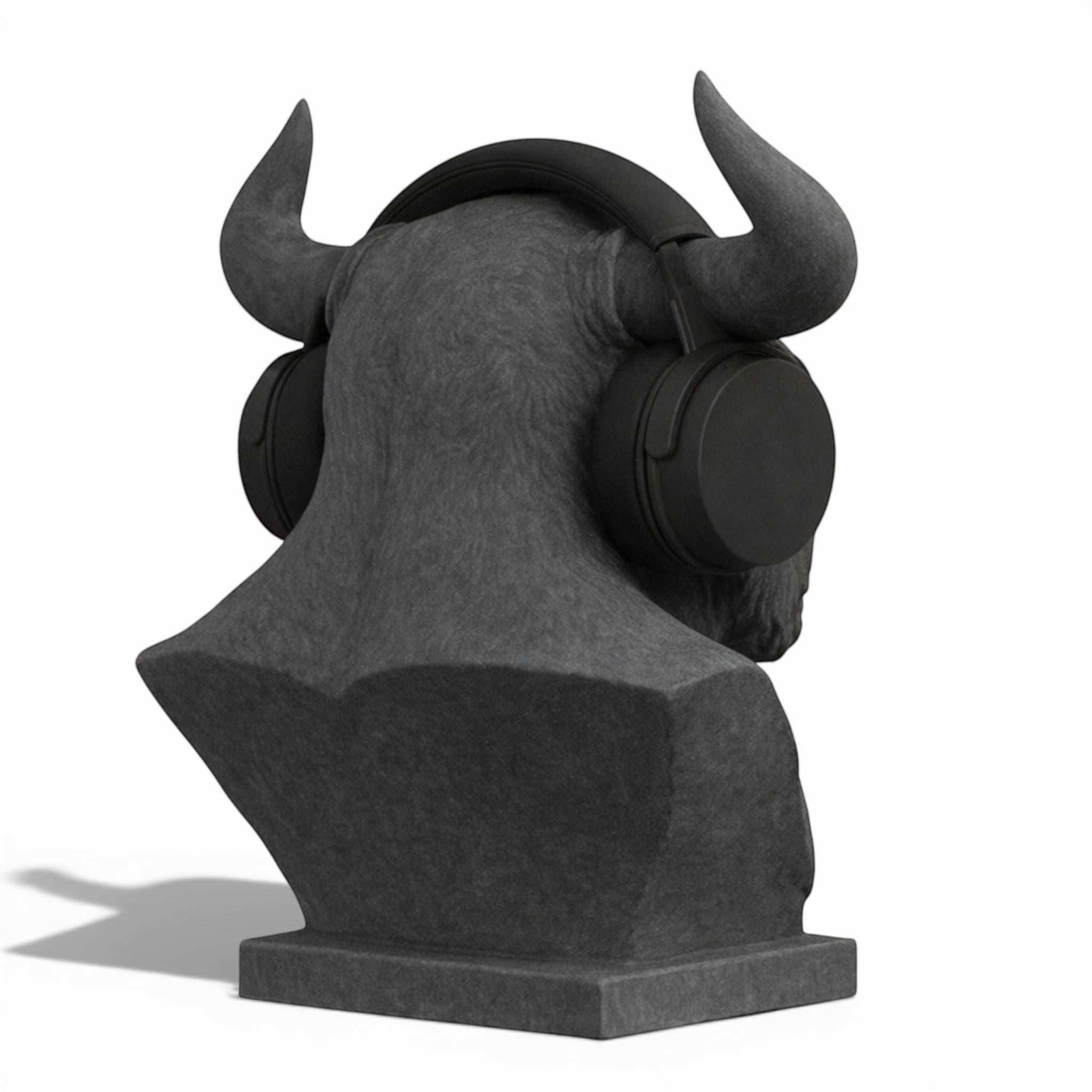 Happy3dWorld grey 3D-printed Minotaur bust headphone stand holding black over-ear gaming headset on a white background