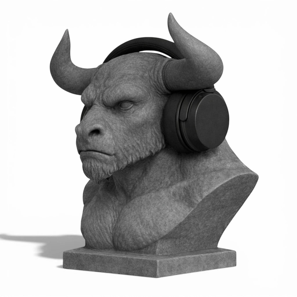Happy3dWorld grey 3D-printed Minotaur bust headphone stand holding black over-ear gaming headset on a white background