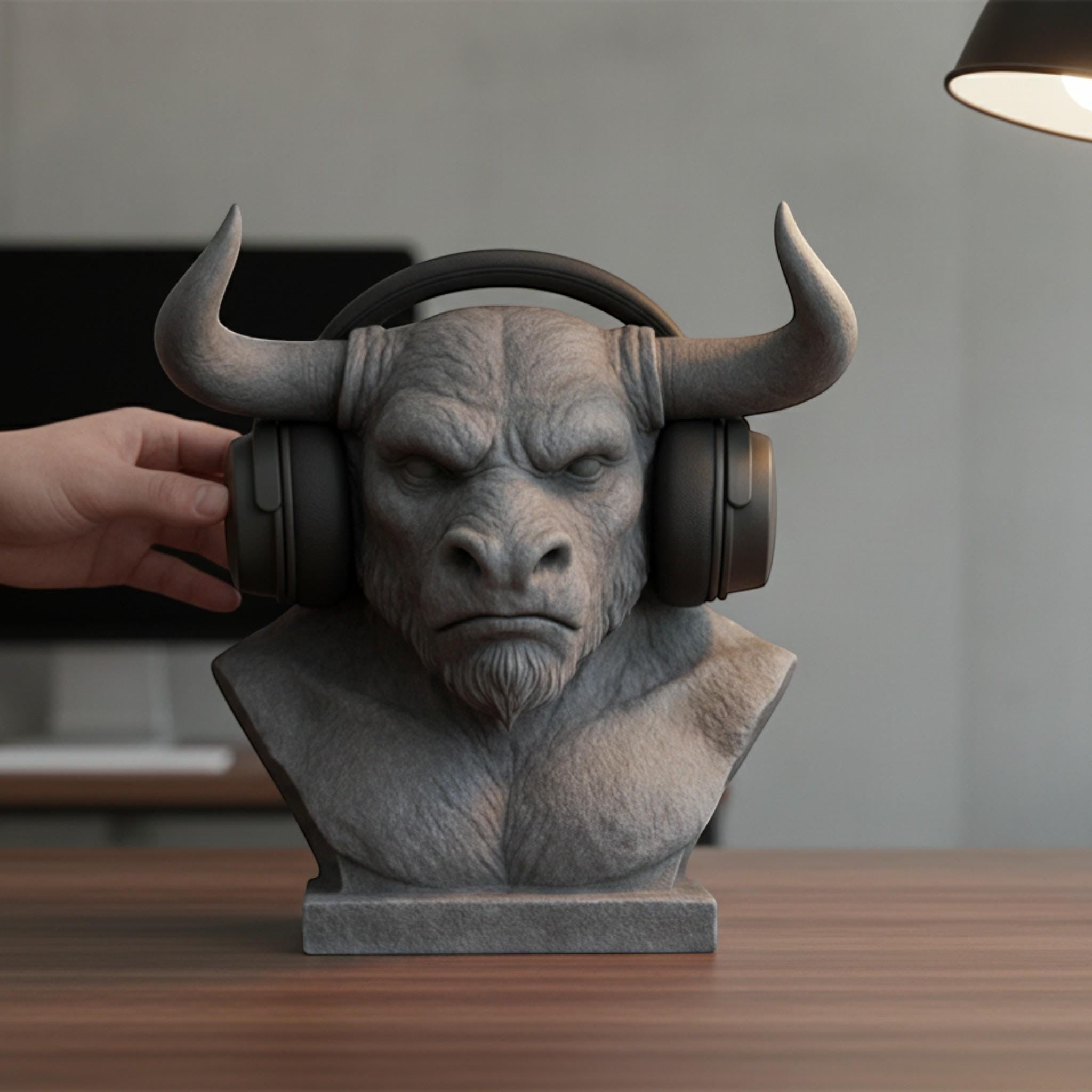Happy3dWorld gray Minotaur bust headphone stand holding black over-ear headset on a wooden desk