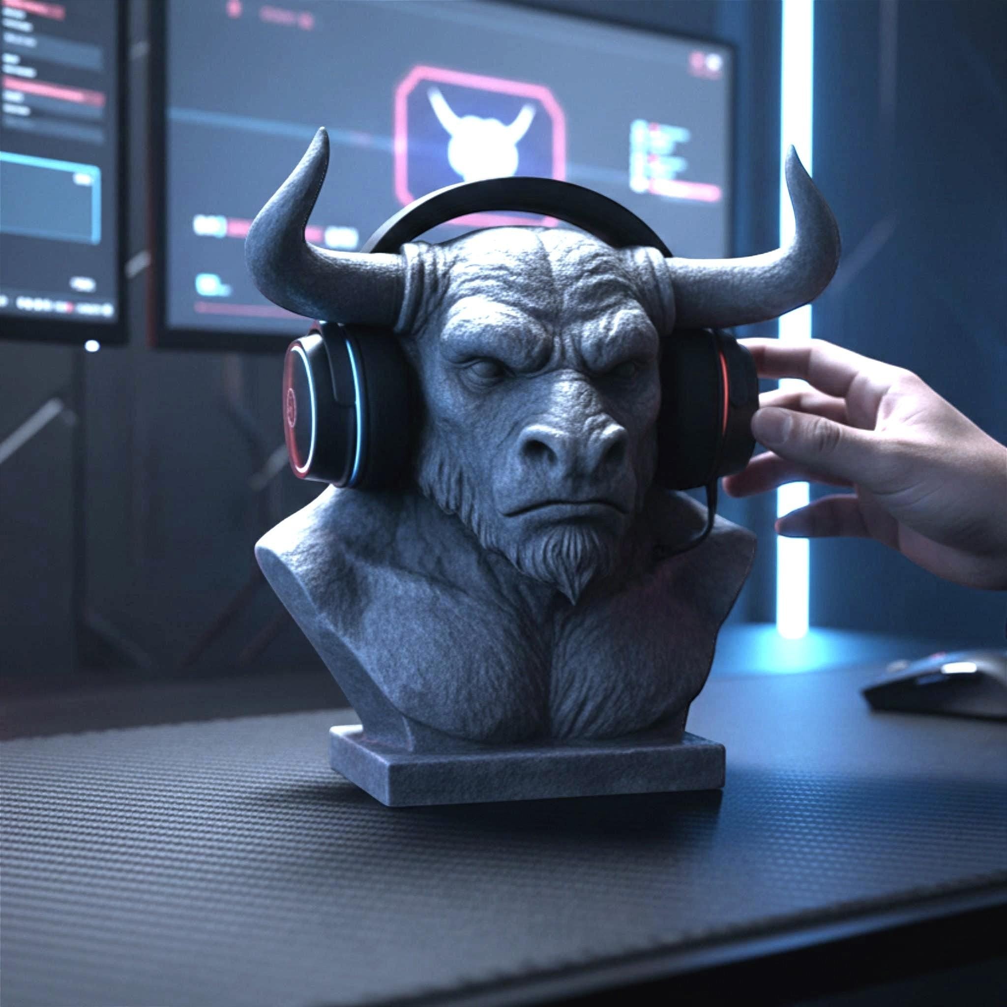 Happy3dWorld grey Minotaur bust headphone stand holding gaming headset on a desk with a hand adjusting the gear