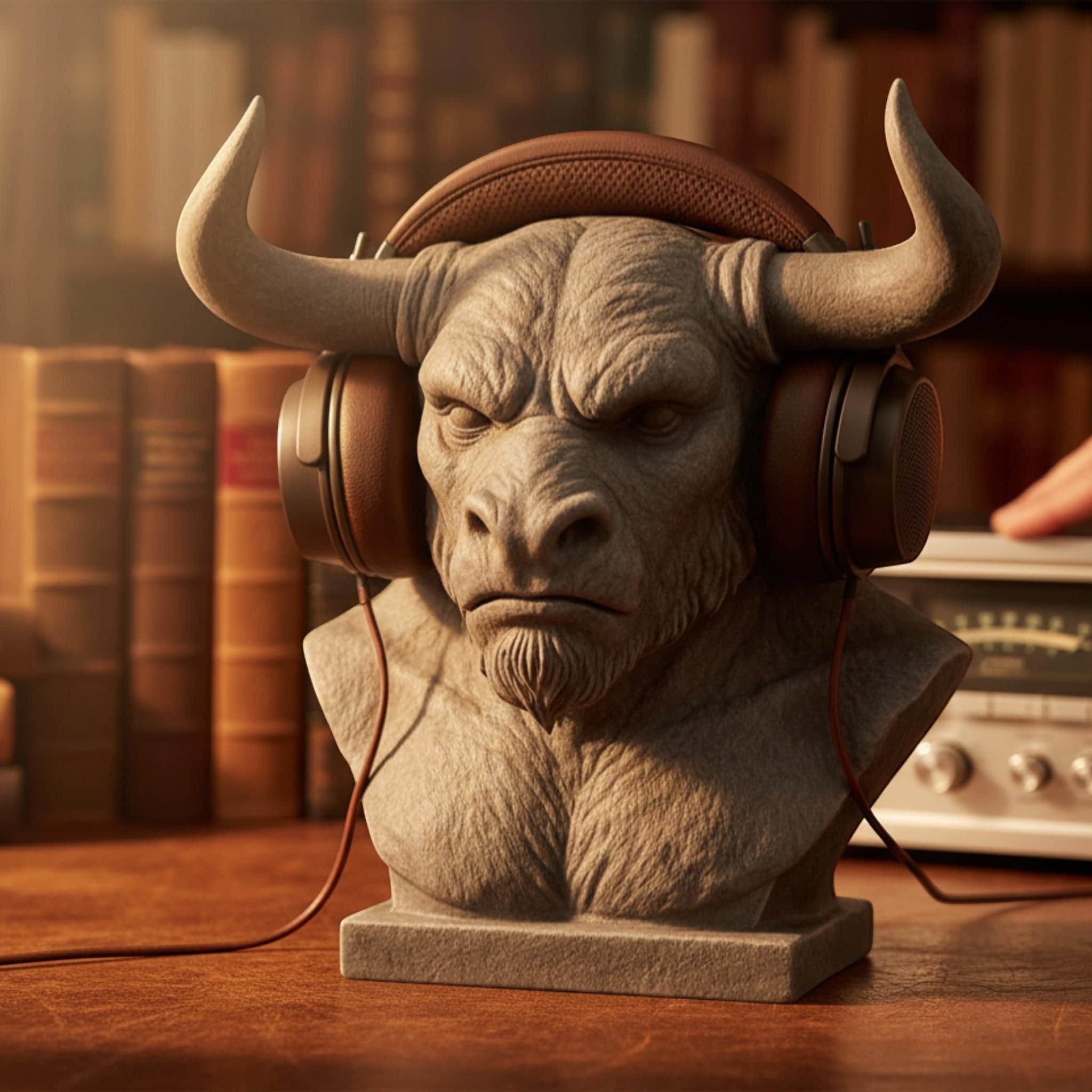 Happy3dWorld grey Minotaur bust headphone stand holding brown over-ear headset on a desk with books in the background.