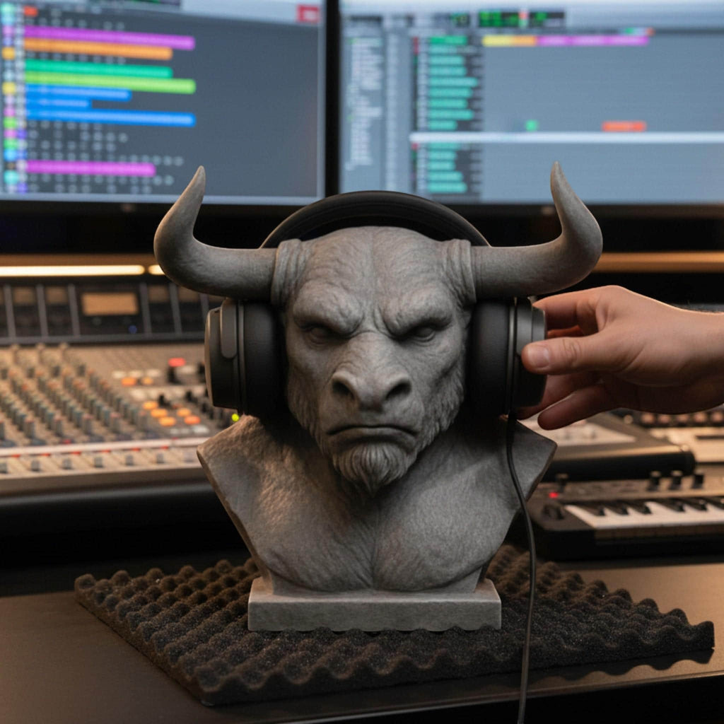 Happy3dWorld grey 3D-printed Minotaur bust headphone stand holding black over-ear headset on a music production desk