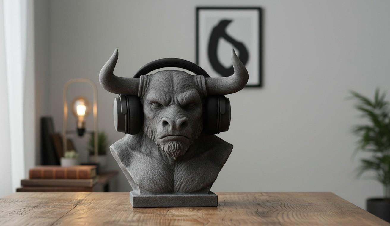 Happy3dWorld grey Minotaur bust headphone stand holding black over-ear headset on a wooden desk