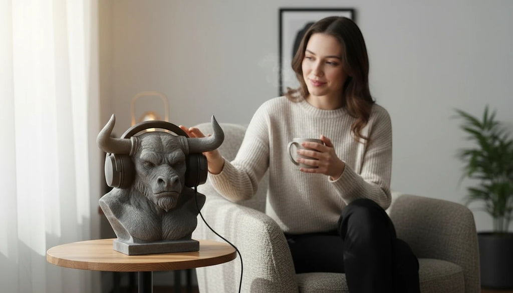 Happy3dWorld grey Minotaur bust headphone stand on a wooden table next to a woman holding a coffee mug