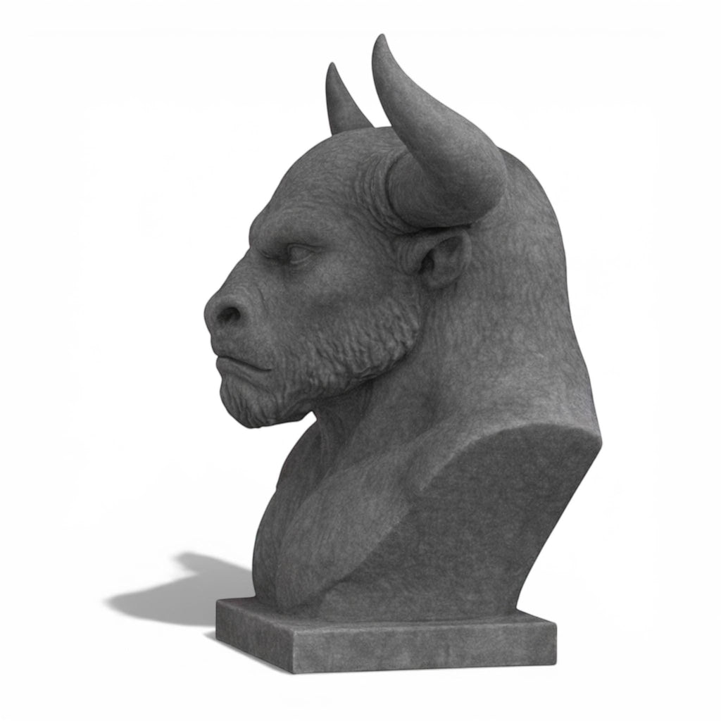 Happy3dWorld gray 3D-printed Minotaur bust headphone stand with detailed horns for gaming desk organization
