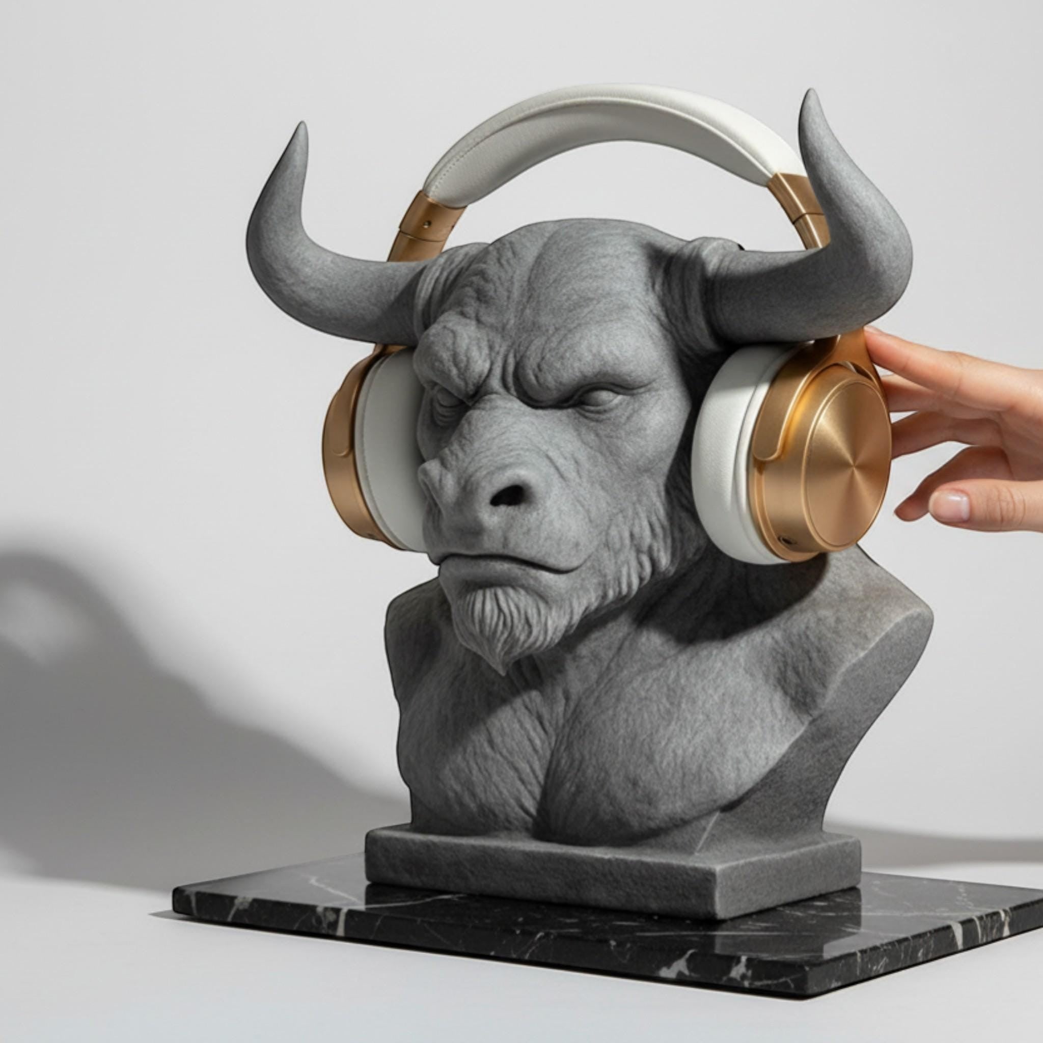 Happy3dWorld gray 3D-printed Minotaur bust headphone stand holding white and gold over-ear gaming headset on desk
