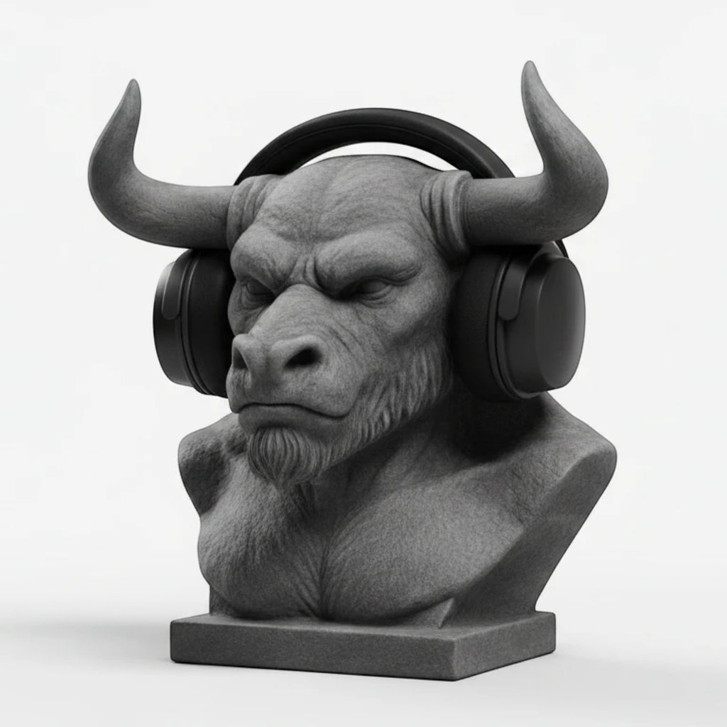 Happy3dWorld grey Minotaur bust headphone stand holding black over-ear gaming headset on a white background