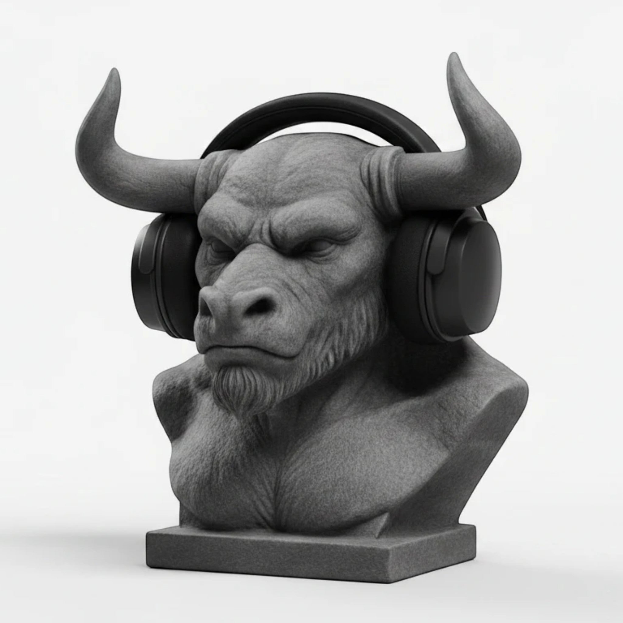 Happy3dWorld grey Minotaur bust headphone stand holding black over-ear gaming headset on a white background