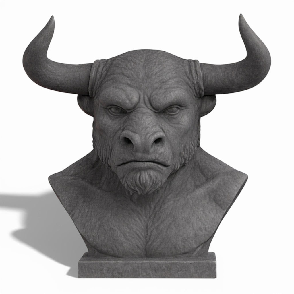 Happy3dWorld grey 3D-printed Minotaur bust headphone stand with detailed horns for gaming desk organization