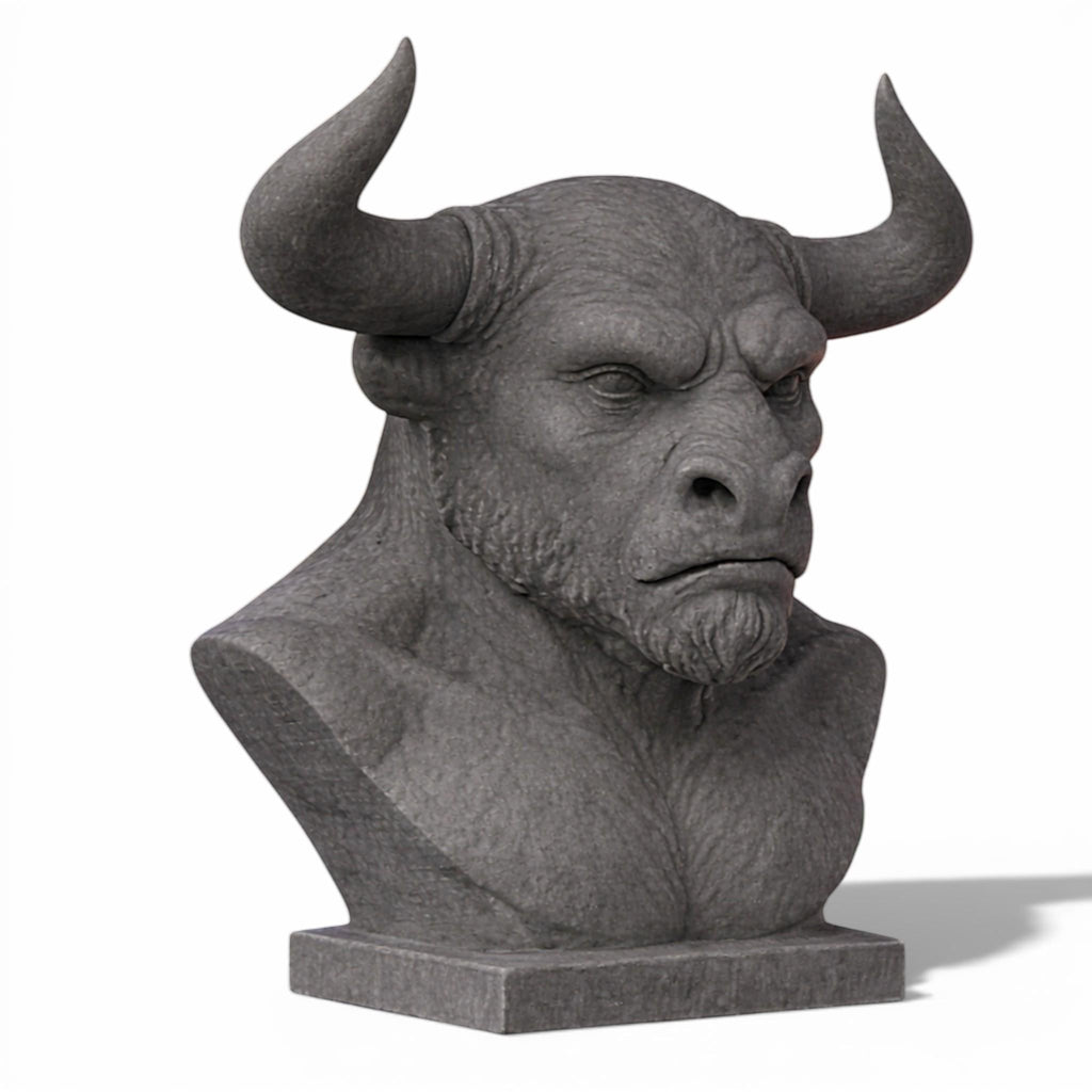 Happy3dWorld gray 3D-printed Minotaur bust headphone stand with detailed horns for gaming desk organization.