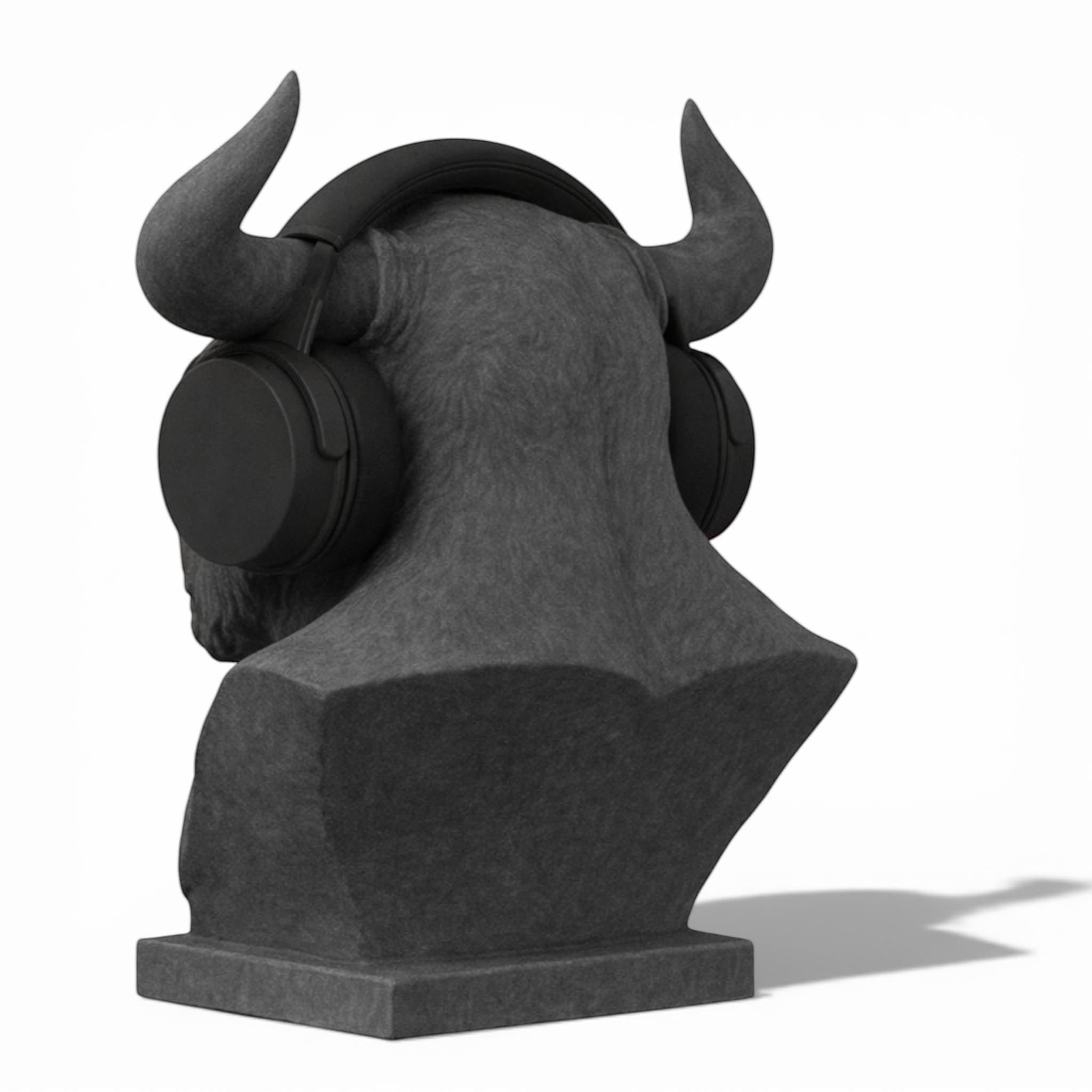 Happy3dWorld grey Minotaur bust headphone stand holding black over-ear gaming headset from a rear angle