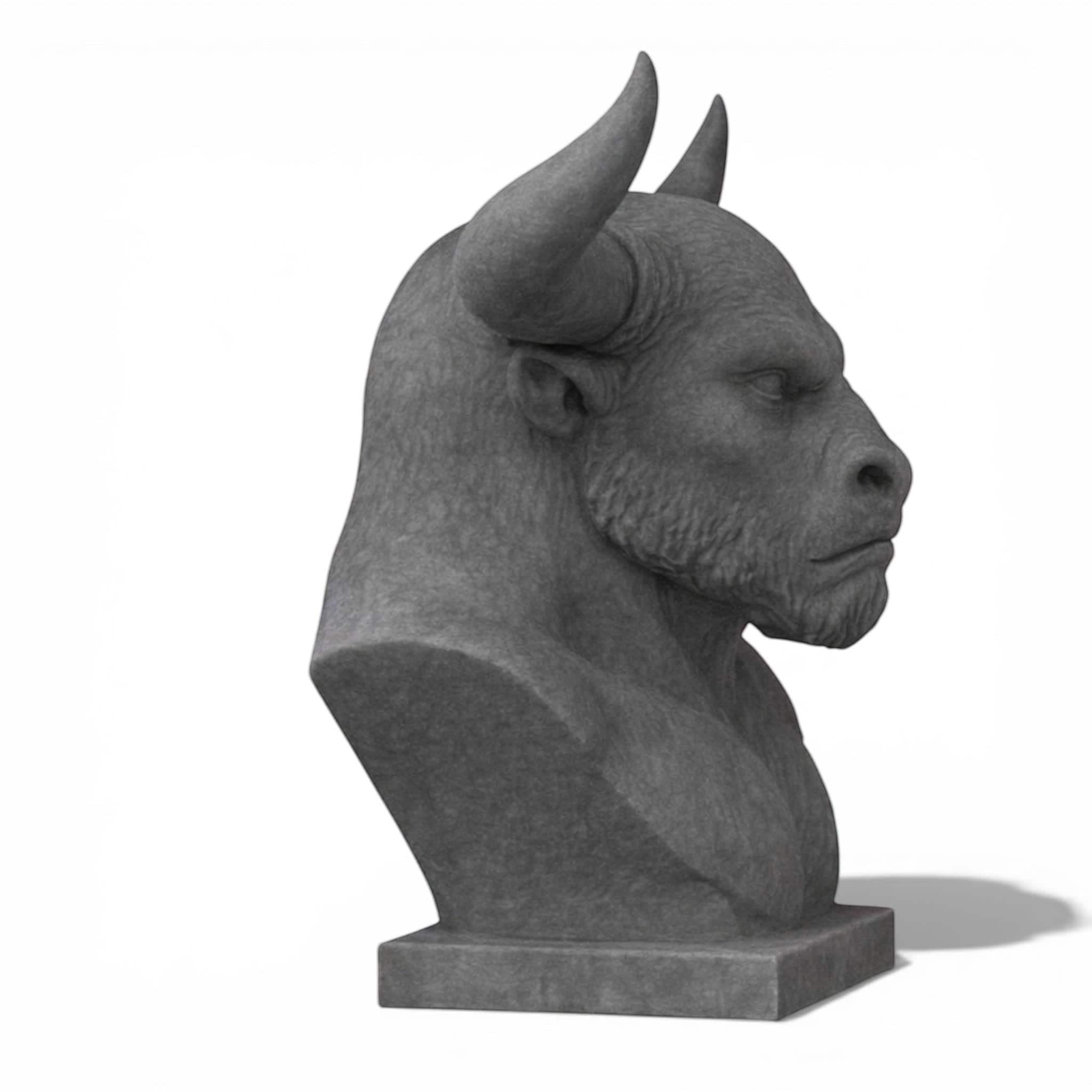 Happy3dWorld gray Minotaur bust headphone stand with horns, 3D printed mythology desk accessory for gaming headsets.