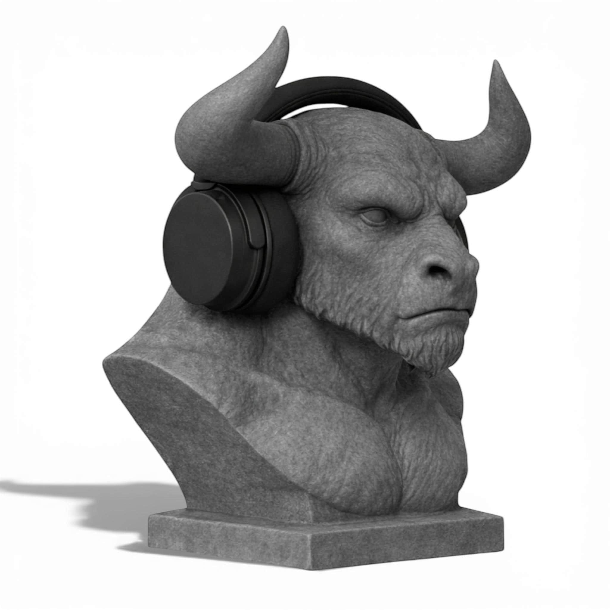 Happy3dWorld grey 3D-printed Minotaur bust headphone stand holding black over-ear gaming headset on a white background