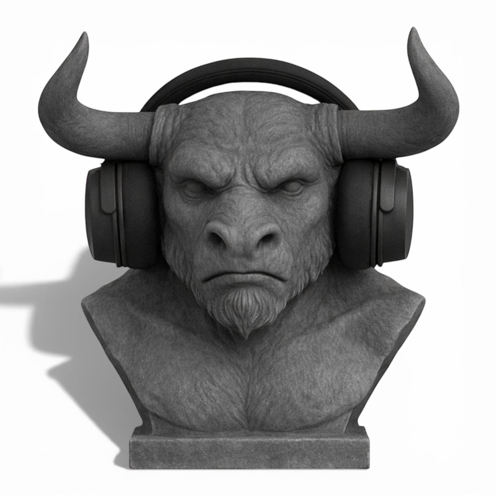 Happy3dWorld grey Minotaur bust headphone stand holding black over-ear gaming headset on a white background