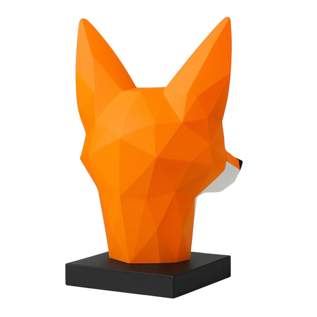 Happy3dWorld orange low-poly geometric fox headphone stand on a black base for modern gaming desk decor