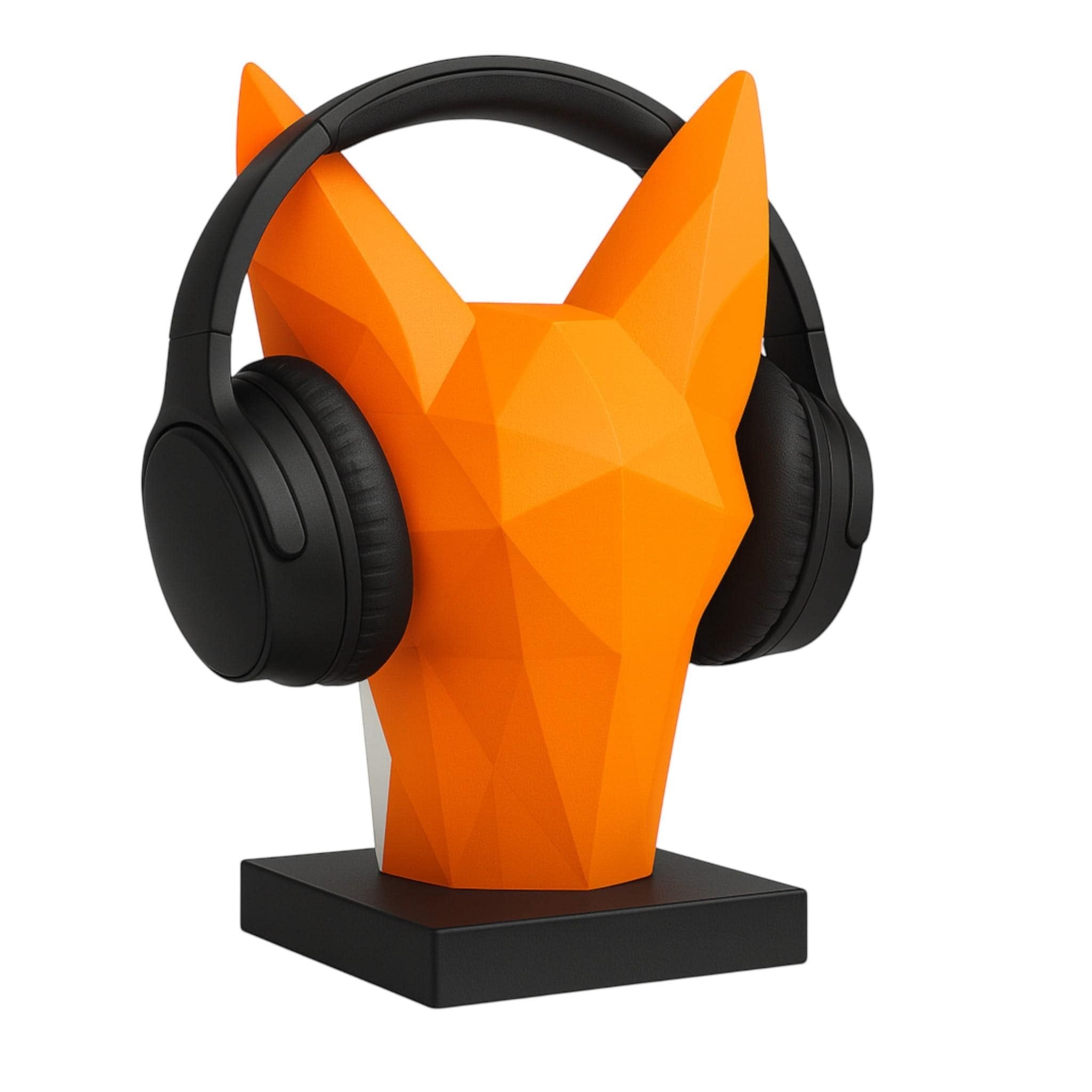 Happy3dWorld orange low-poly geometric fox headphone stand holding black over-ear headphones on a desk
