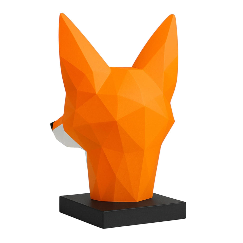 Happy3dWorld orange low-poly geometric fox headphone stand on a black base for modern desk decor