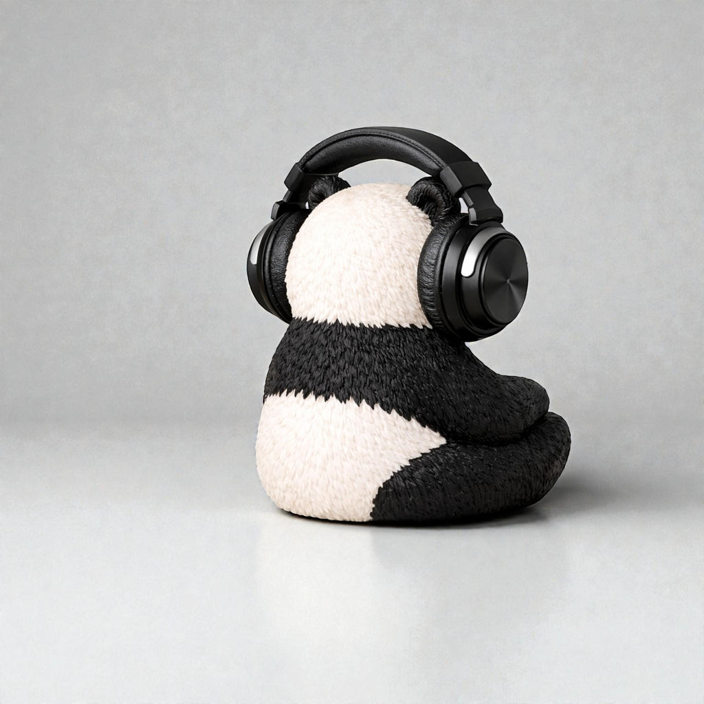 Happy3dWorld panda-shaped 3D printed headphone stand in black and white holding a black gaming headset on a desk.