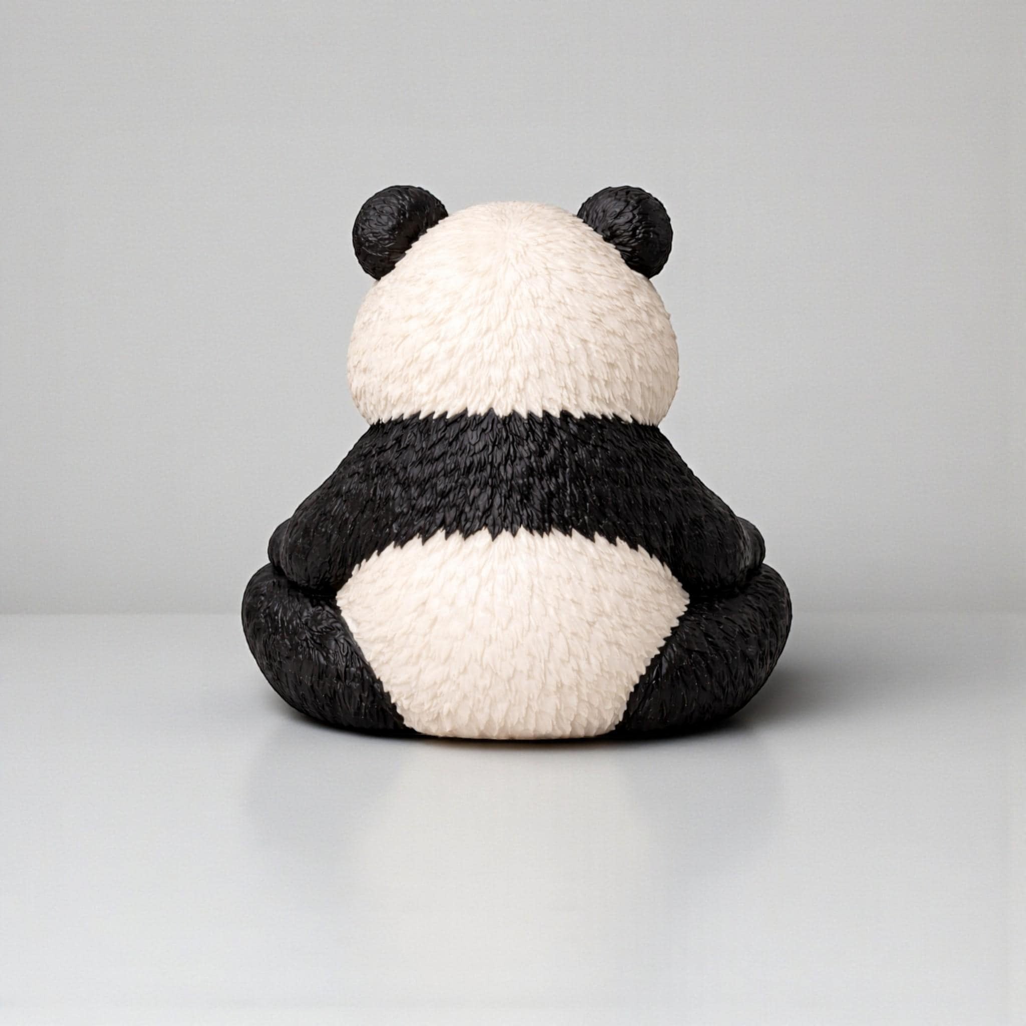 Happy3dWorld 3D printed panda headphone stand showing the detailed black and white fur texture from the back view.