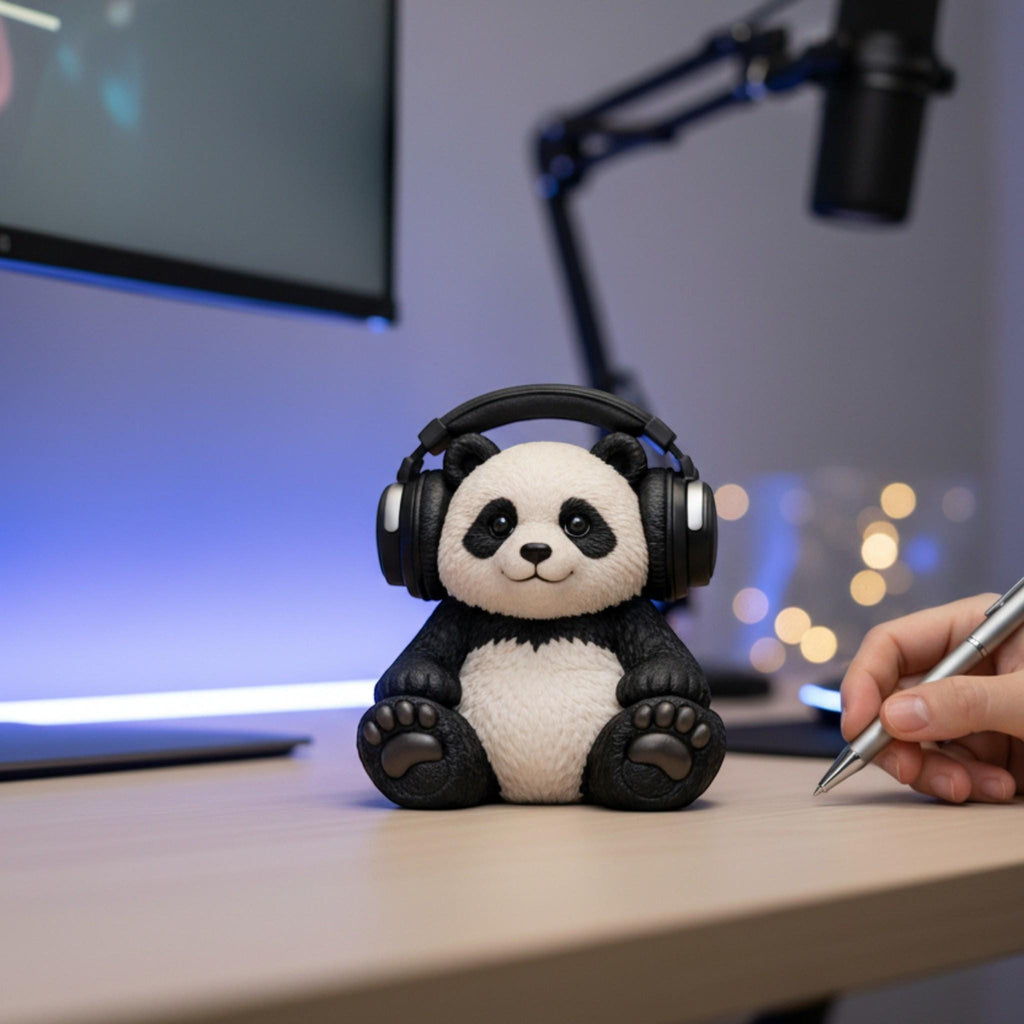 Happy3dWorld panda headphone stand made of bioplastic, featuring a cute bear design holding black gaming headphones.
