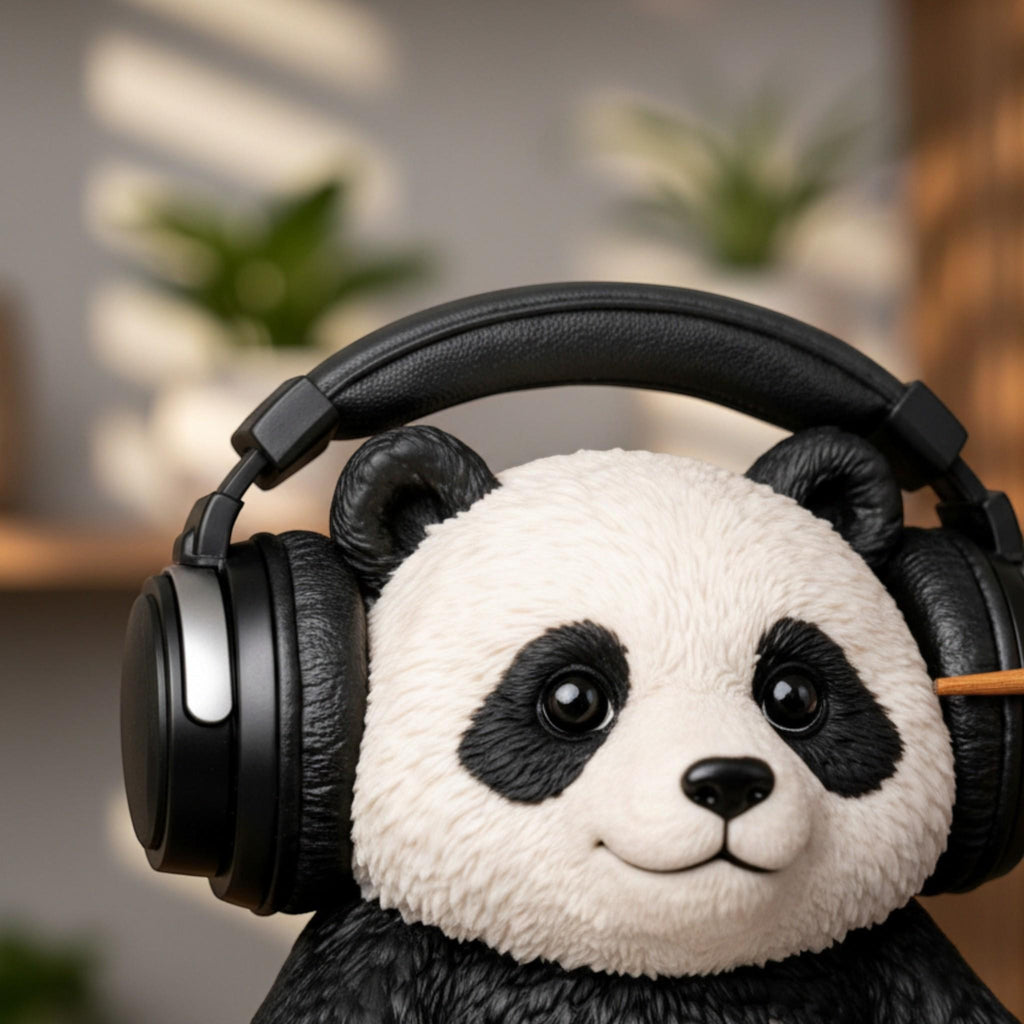 Happy3dWorld 3D printed panda headphone stand holding black over-ear gaming headset on a desk