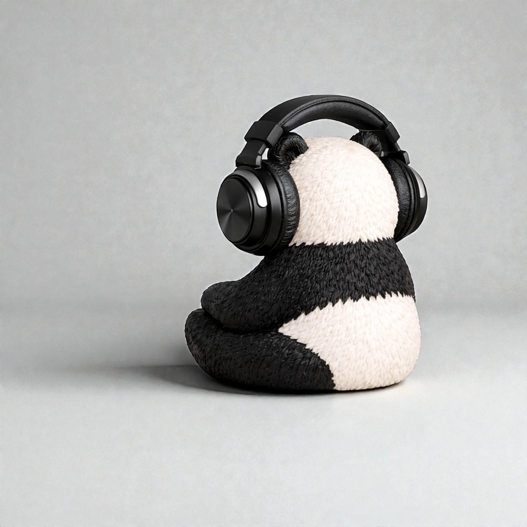 Happy3dWorld panda-shaped 3D printed headphone stand holding black over-ear gaming headset on a neutral background