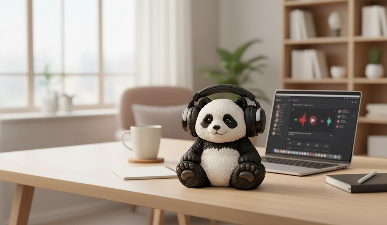 Happy3dWorld 3D printed panda headphone stand holding black gaming headset on a wooden desk with a laptop