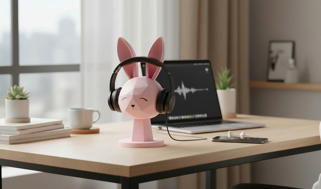 Happy3dWorld pink geometric bunny headphone stand holding black gaming headset on a minimalist desk setup