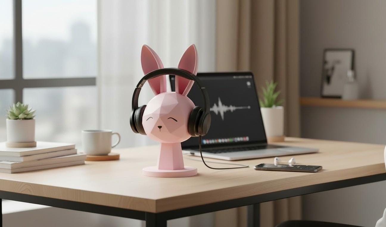 Happy3dWorld pink geometric bunny headphone stand holding black gaming headset on a minimalist desk setup