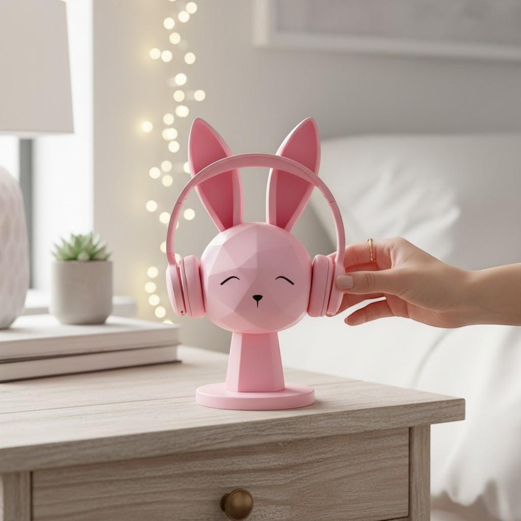 Happy3dWorld pink geometric bunny headphone stand holding matching pink headphones on a wooden desk in a cozy room.