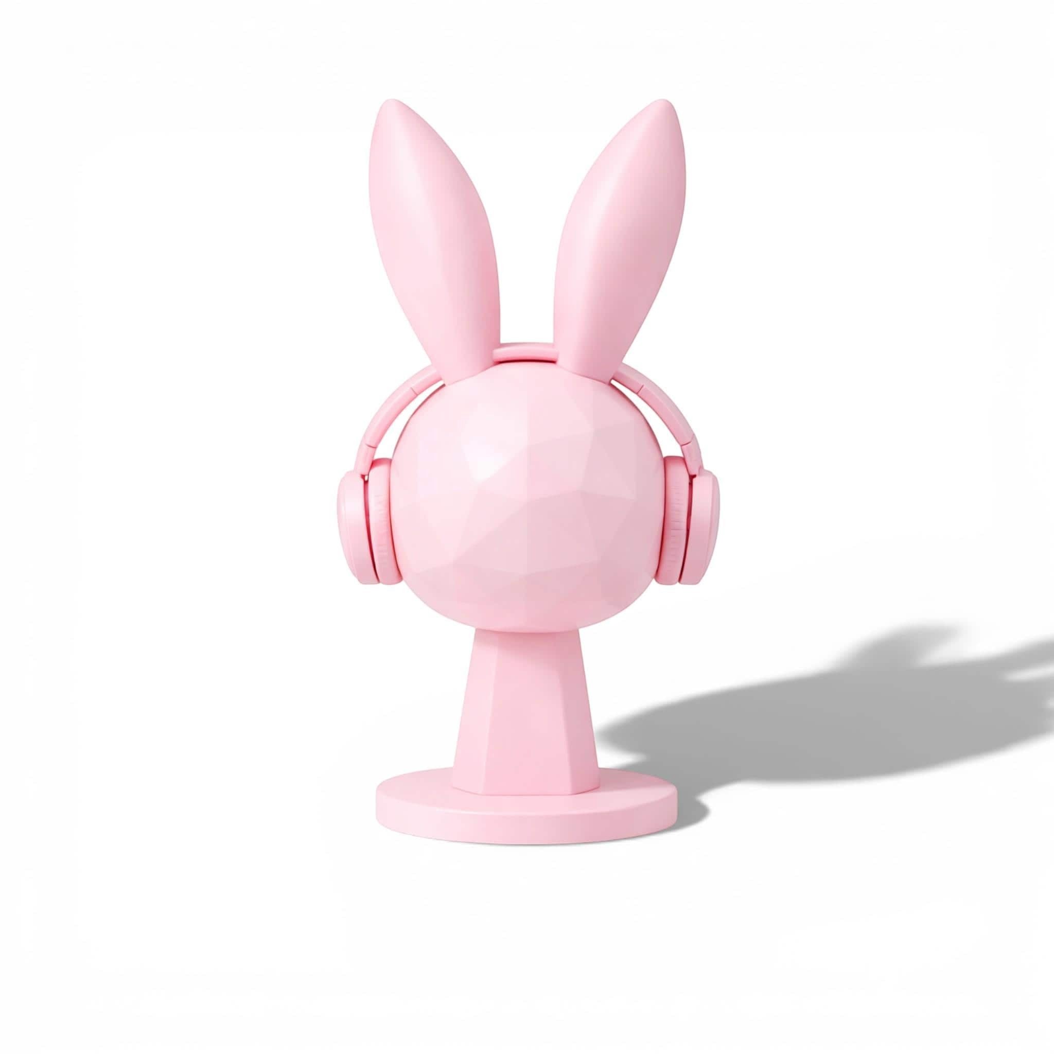 Happy3dWorld pink geometric bunny headphone stand with a low-poly rabbit design for kawaii gaming desk setups.