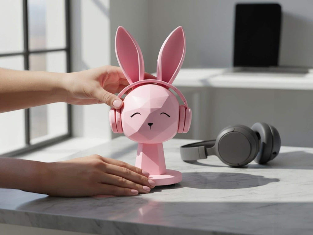 Happy3dWorld pink geometric bunny headphone stand holding a matching headset on a bright desk