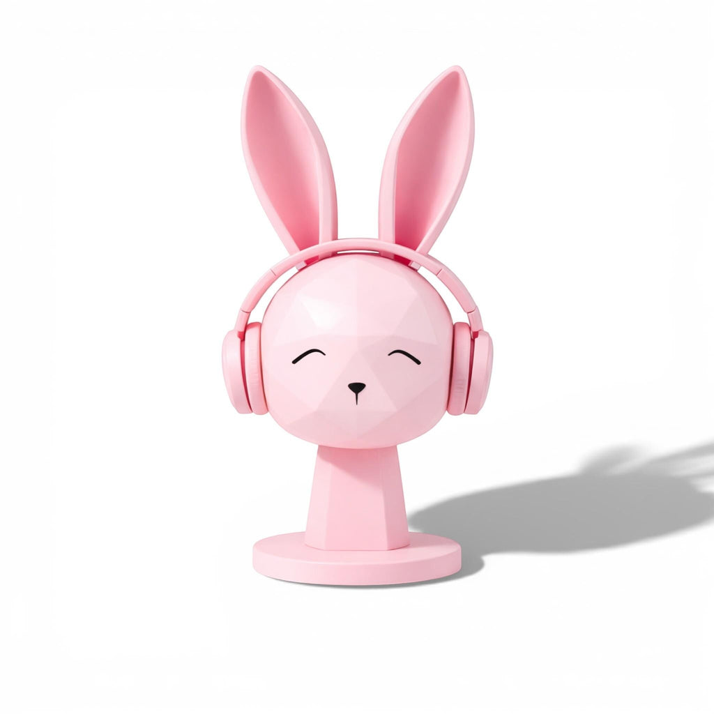 Happy3dWorld pink geometric bunny headphone stand with a low-poly rabbit design for kawaii gaming desk setups.