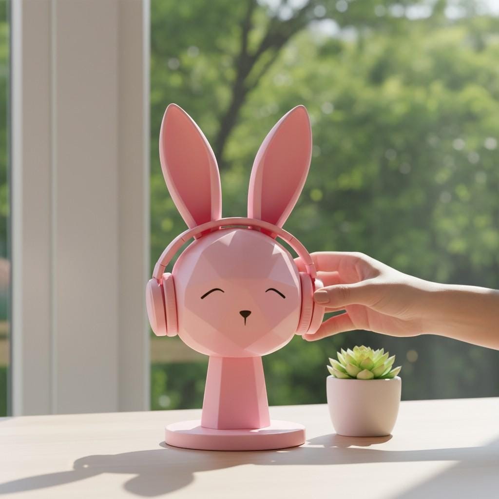 Happy3dWorld pink geometric bunny headphone stand with a matching headset on a desk next to a small succulent plant