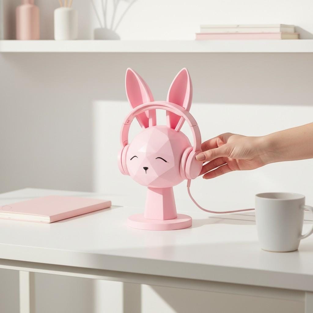 Happy3dWorld pink geometric bunny headphone stand on a white desk with a hand adjusting matching pink headphones