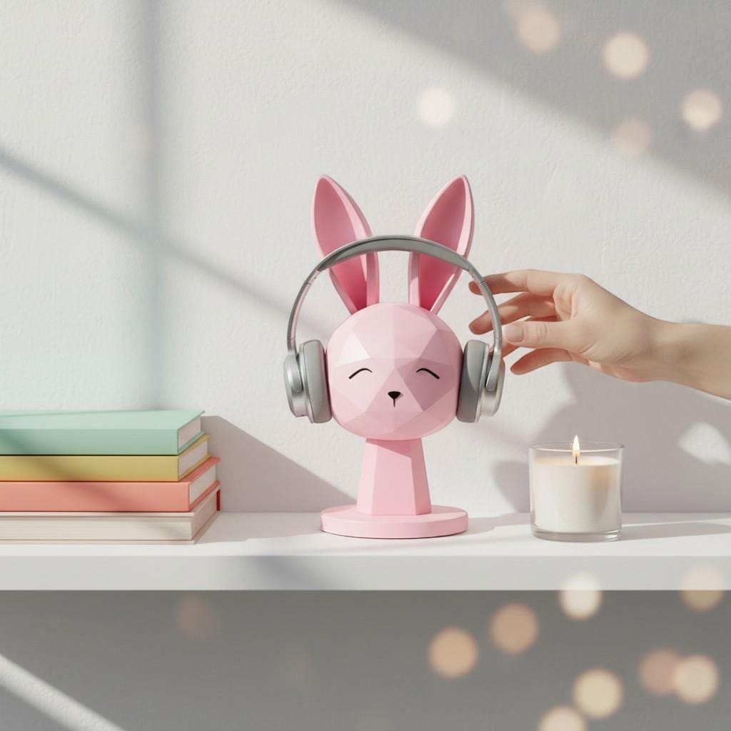 Happy3dWorld pink geometric bunny headphone stand with a headset on a desk with books and a candle