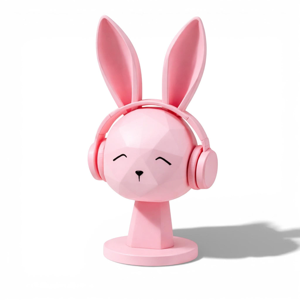 Happy3dWorld pink geometric bunny headphone stand with a low-poly rabbit design for kawaii gaming desk setups.