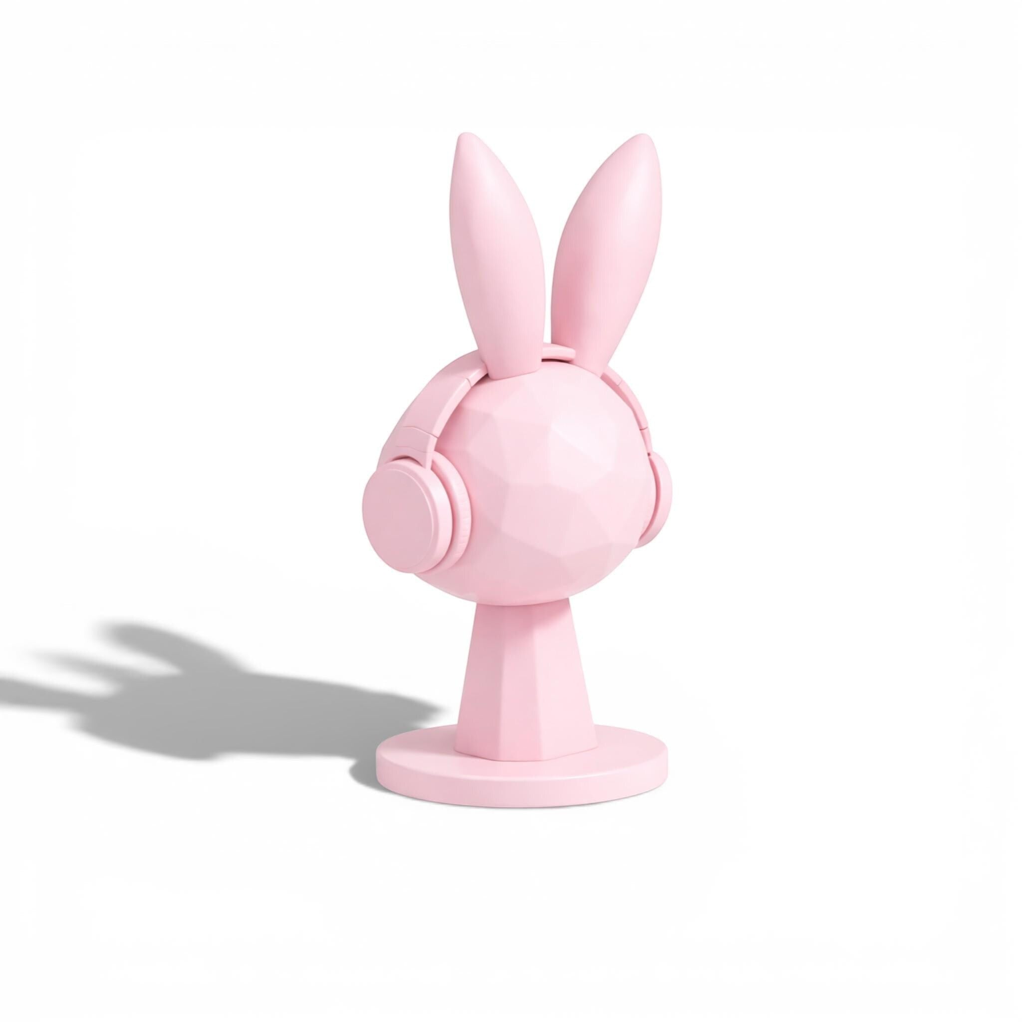 Happy3dWorld pink geometric bunny headphone stand with a low-poly rabbit design for a kawaii gaming desk setup