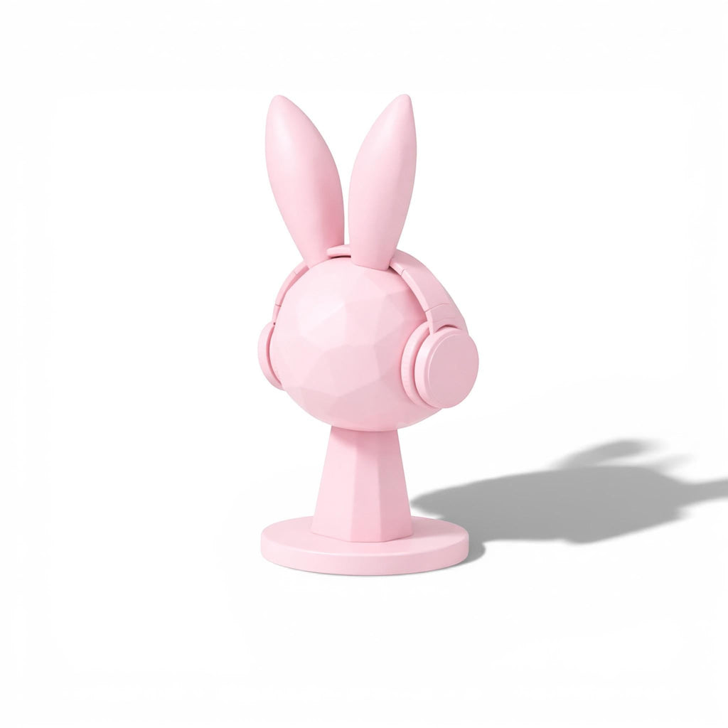 Happy3dWorld pink geometric bunny headphone stand with a low-poly rabbit design for kawaii gaming desk setups