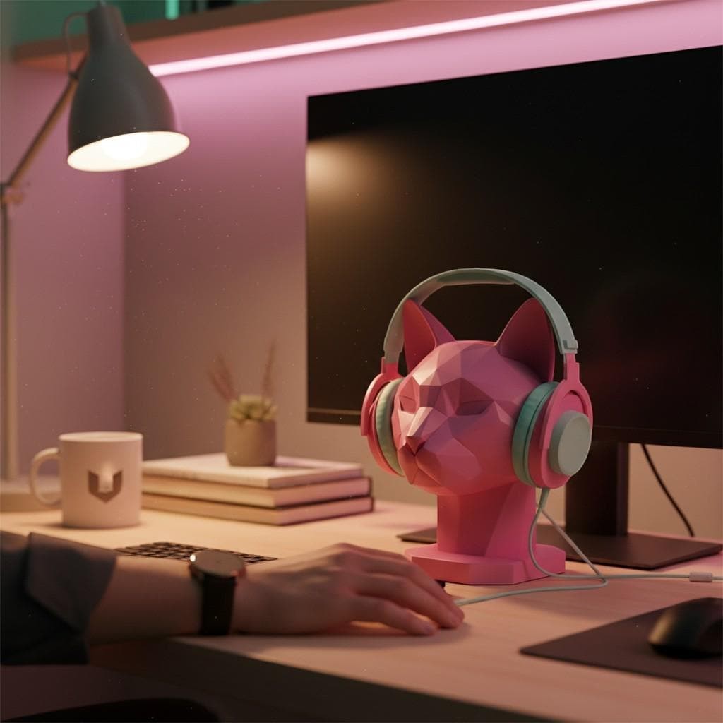 Happy3dWorld pink geometric cat headphone stand holding pastel headphones on a modern desk setup