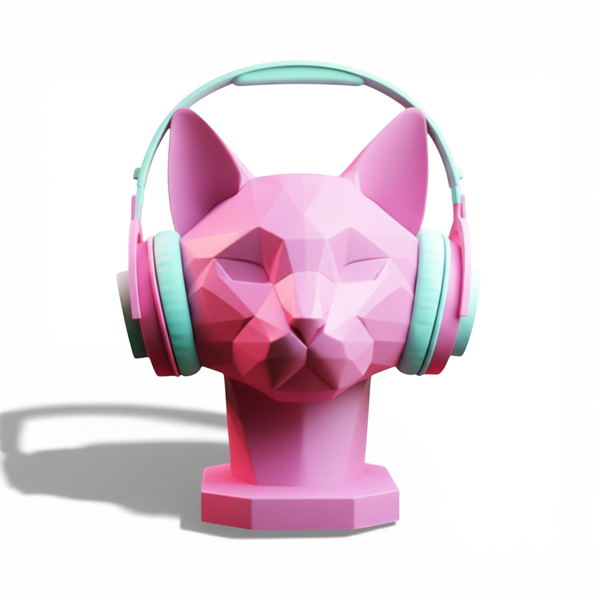 Happy3dWorld pink geometric cat headphone stand with matte finish holding mint and pink over-ear gaming headset